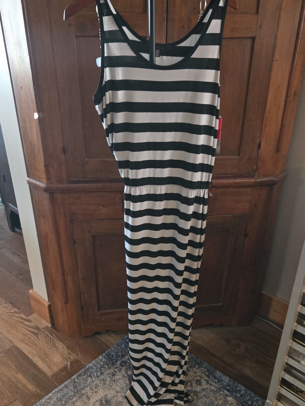 Fever Black and White Striped Sleeveless Maxi Dress with Elastic Waist